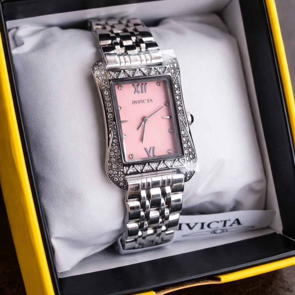 Invicta Silver Bracelet Watch With Pink Dial And Crystal Accents